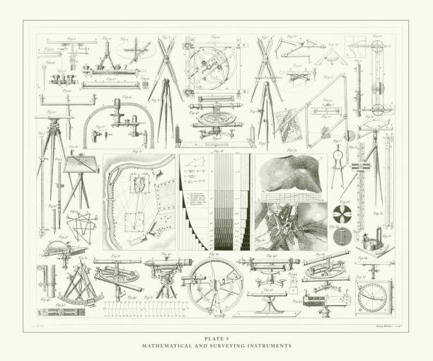 gravierte antike, mathematische und vermessende instrumente gravur antike illustration, veröffentlicht 1851 - table old antique curve stock-grafiken, -clipart, -cartoons und -symbole