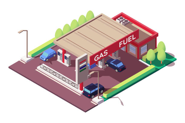 tankstelle mit limousine und oldtimer, parkplatz. - gas station isometric gasoline fuel pump stock-grafiken, -clipart, -cartoons und -symbole