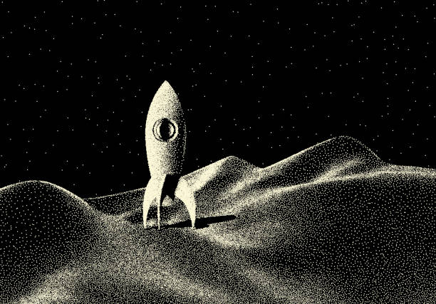 Space landscape with scenic view on planet, rocket and stars made with retro styled dotwork Space landscape with scenic view on planet, rocket and stars made with retro styled dotwork futuristic astronomy space craft stock illustrations