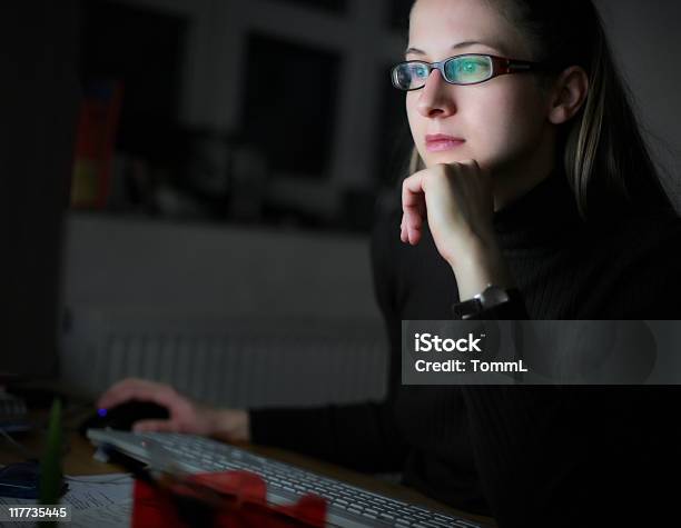 Working Late Stock Photo - Download Image Now - Computer Monitor, One Woman Only, Women