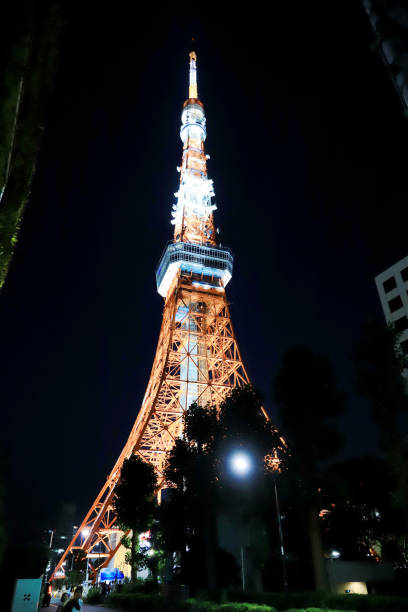 tokyo tower di notte - tokyo tower - deck surveillance contemplation tokyo prefecture foto e immagini stock