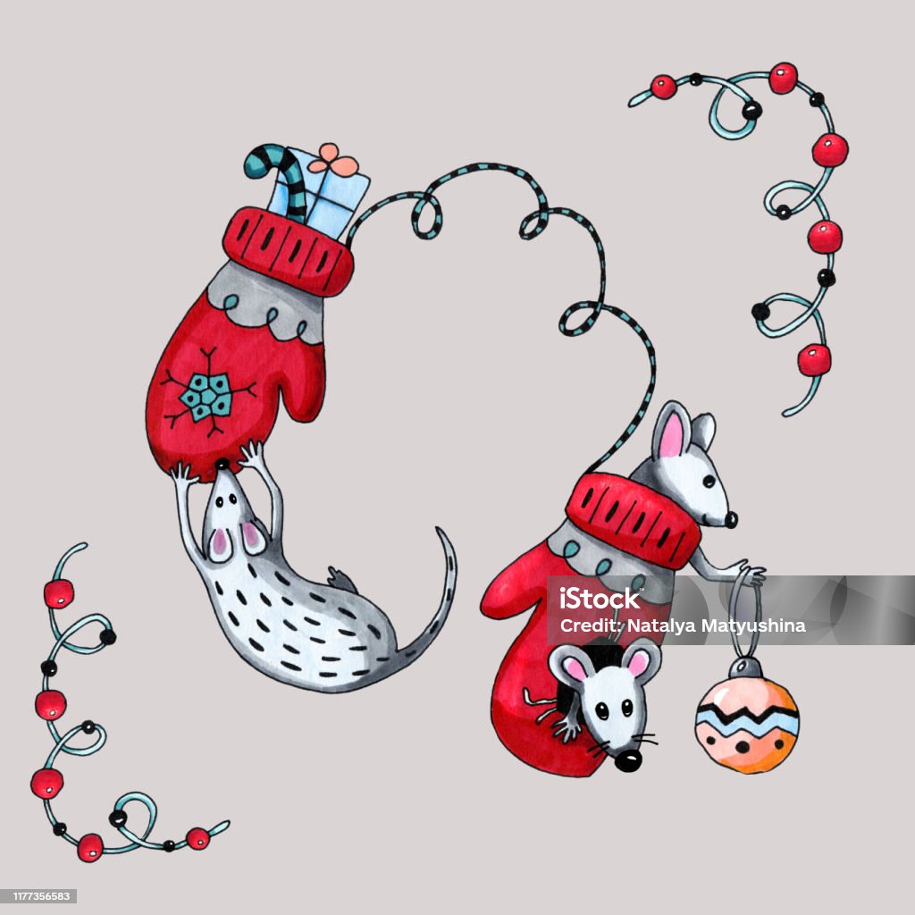 Ilustración de Ratas De Dibujos Animados Ratones El Símbolo Del Año Nuevo  2020 Jugar Con Mitones De Invierno Festivos Y Decorar El Árbol De Navidad  Ilustración Dibujada A Mano Para El Diseño