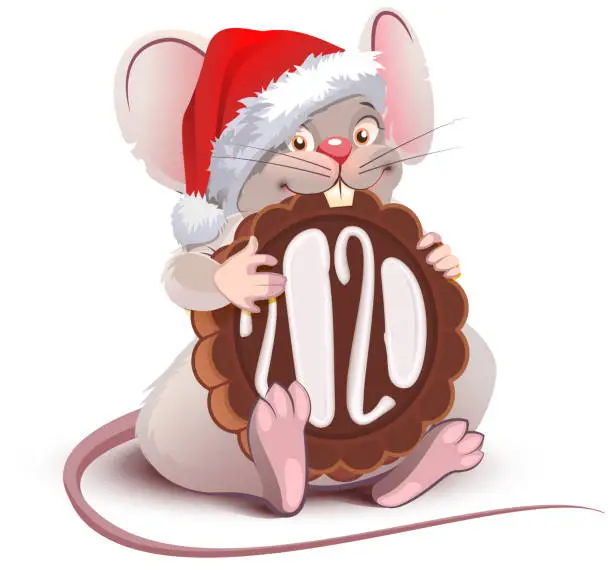 Vector illustration of Funny cartoon santa mouse symbol of year 2020 with chocolate cookies