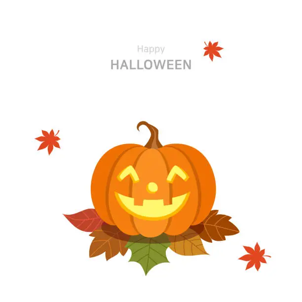 Vector illustration of Halloween pumpkin and falling maple leaves