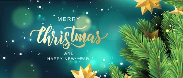 istock Merry Christmas hand lettering text card. Realistic pine branch with stars on blur background. Typography inscription for New Year and Christmas holiday design. 1177362774