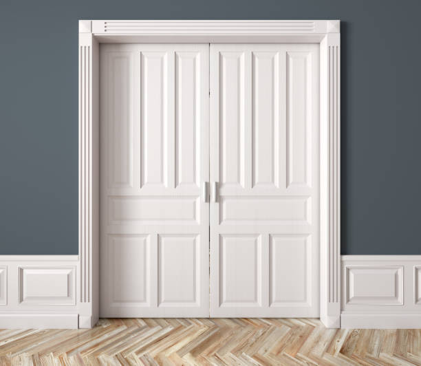 interior with classic white raised sliding doors doors 3d rendering - door symmetry wood closed imagens e fotografias de stock