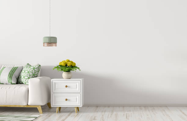 Interior of living room with white sofa against white wall with copy space 3d rendering