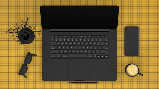 3D Rendering of Yellow Grid Workplace, Technology Idea Concept, Black Laptop and Technology Items. Flat Lay, top view.