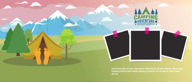 Vector illustration of Camping concept flat horizontal banner. Tourism advertisement layout with photo frames. Vector illustration