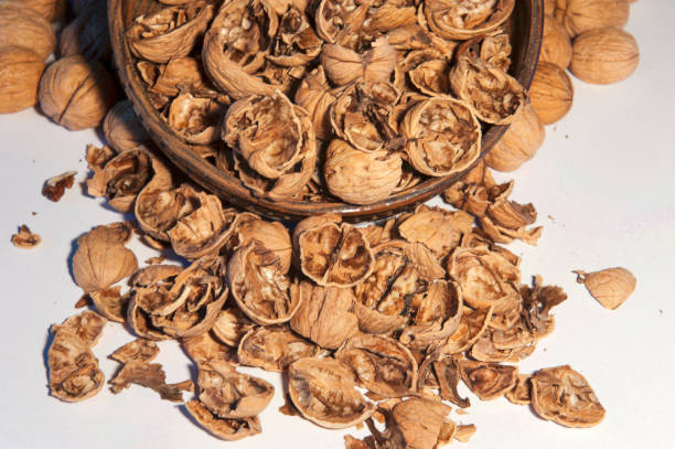 istock walnuts and walnut shell in wooden bowl on white background 1177366747