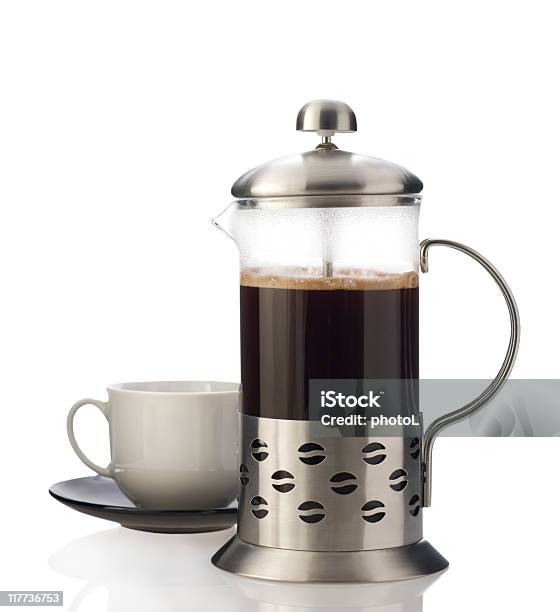 French Press With Cup Isolated Stock Photo - Download Image Now - French Press, Cut Out, Cup