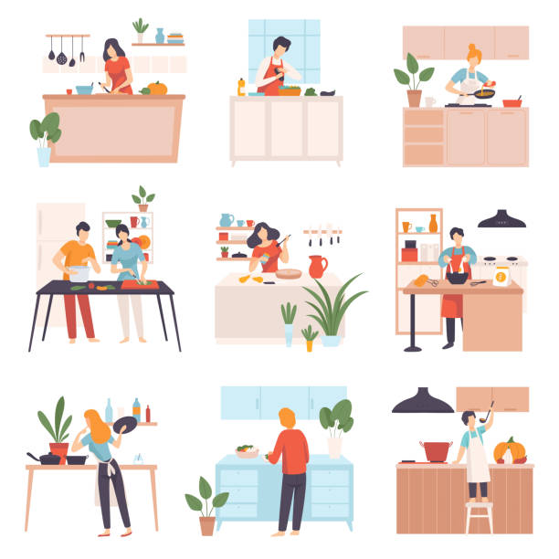 illustrazioni stock, clip art, cartoni animati e icone di tendenza di set di immagini di persone in cucina. illustrazione vettoriale - vita domestica illustrazioni
