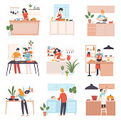 istock Set of images of people in the kitchen. Vector illustration 1177367861