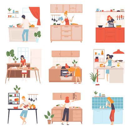 Set of images of cooking people. Vector illustration