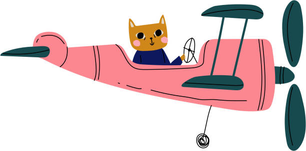 illustrazioni stock, clip art, cartoni animati e icone di tendenza di pilota gatto che vola su un aereo retrò nel cielo, simpatico personaggio animale pilotando illustrazione vettoriale aereo - pilotando