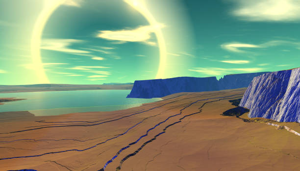 Alien Planet. Mountain and lake. 3D rendering