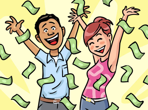 Man And Woman Standing Under Money Rain Money raining down on a happy man and woman. Vector illustration. Concept for luck, wealth, richness and financial success. pennies from heaven stock illustrations