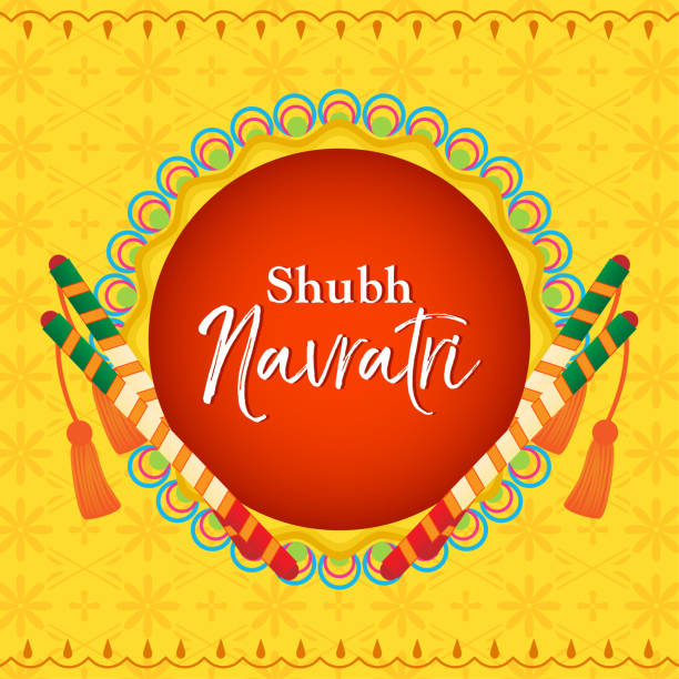 shubh navratri (happy navratri) vektor-illustration, dandiya sticks auf gelben indischen muster hintergrund. - devi stock-grafiken, -clipart, -cartoons und -symbole