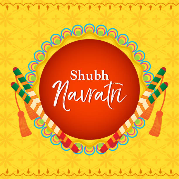 ilustrações, clipart, desenhos animados e ícones de ilustração do vetor de shubh navratri (navratri feliz), varas de dandiya no fundo indiano amarelo do teste padrão. - devi