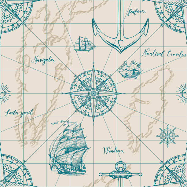 vintage bezszwowe tło na temat podróży - anchor nautical vessel sea sailboat stock illustrations