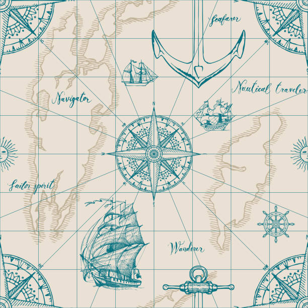 vintage seamless background on the theme of travel Vector abstract seamless background on the theme of travel, adventure and discovery. Old map with caravels, vintage sailing yachts, wind roses, anchors and handwritten inscriptions in retro style ancient writing tool stock illustrations