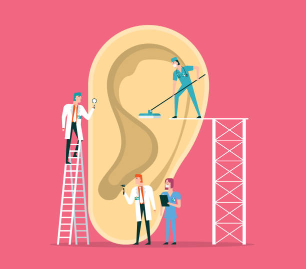 ear Team of doctors diagnose human ear funny ear stock illustrations