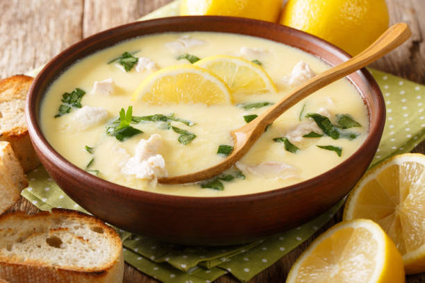 istock Thick aromatic Greek lemon soup with chicken and orzo paste close-up in a bowl. horizontal 1177380770
