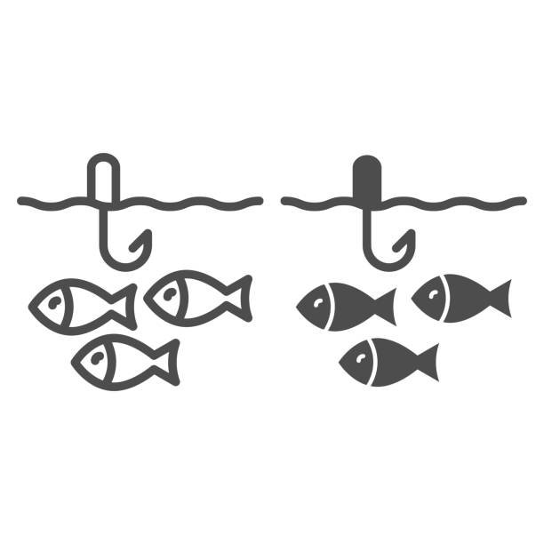 ilustrações de stock, clip art, desenhos animados e ícones de fishing line and glyph icon. fish in water vector illustration isolated on white. fish and hook outline style design, designed for web and app. eps 10. - catch of fish illustrations
