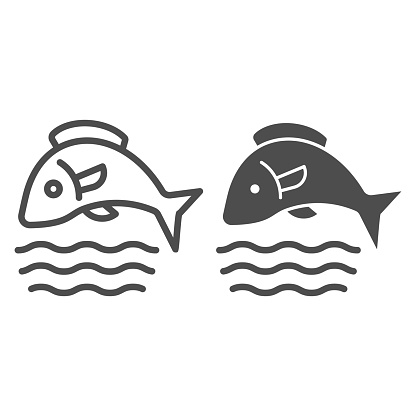 Fish in water line and glyph icon. Fishing vector illustration isolated on white. Aquatic animal outline style design, designed for web and app. Eps 10
