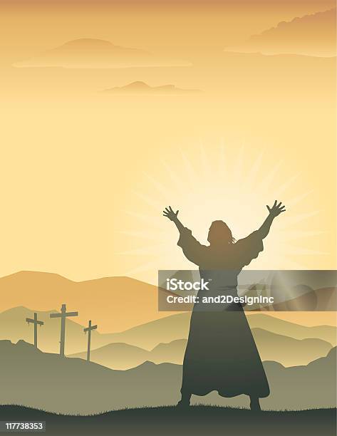Silhouette Of Jesus With Raised Arms On Easter Morning Stock Illustration - Download Image Now