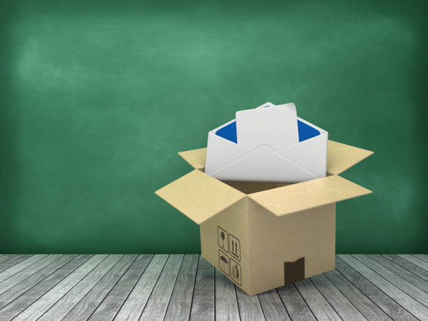 istock Cardboard Box with Envelope on Wood Floor - Chalkboard Background - 3D Rendering 1177383605