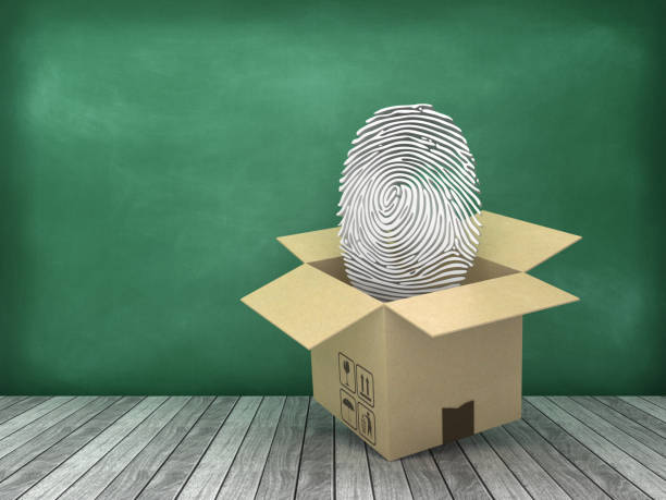istock Cardboard Box with 3D Fingerprint on Wood Floor - Chalkboard Background - 3D Rendering 1177384228