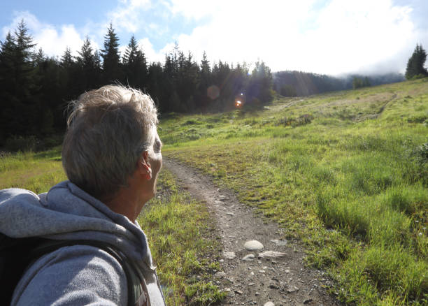 istock Man hikes along meadow footpath at sunrise 1177384548