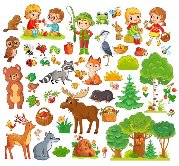 Vector illustration of Large set with forest animals and children. Collection on a forest theme