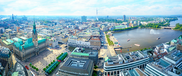Aerial view of the Hamburg from St. Petri church tower, Germany. Composite photo