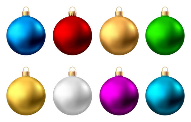 현실적인 빨간색, 금, 은, 파란색, 녹색, 보라색 크리스마스 공. - red white blue stock illustrations