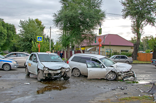Abakan, Russia September 12, 2019: car accident in the city at the crossroads.\nThe accident killed 3 people