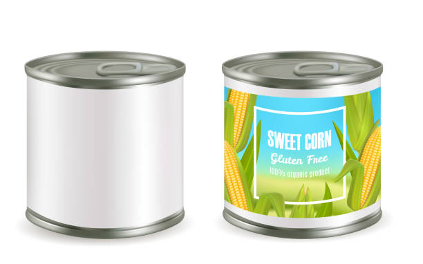 Canned corn package mockup set, vector realistic illustration Canned sweet corn package mockup set, vector illustration isolated on white background. Two realistic tin cans with label and without it. aluminum sign mockup stock illustrations