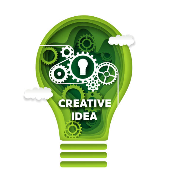 Creative idea, vector concept illustration in paper art style Creative idea, vector concept illustration in paper art craft modern style. Papercut green gear light bulb. Innovation, creative thinking, idea generation. energy conservation posters drawing stock illustrations