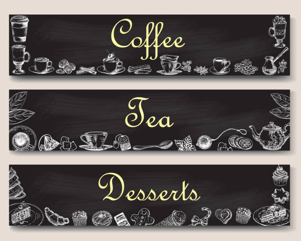 illustrations, cliparts, dessins animés et icônes de ensemble de modèle de bannière de vecteur de café, de thé et de desserts - snack coffee instant coffee cappuccino