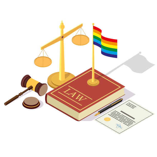 LGBT rights legalization vector concept isometric illustration LGBT rights legalization vector concept illustration. Isometric legal symbols Law book with LGBT community flag, scales of justice, judge gavel, signed document. lesbian flag stock illustrations