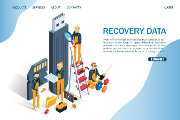 ilustraciones, imágenes clip art, dibujos animados e iconos de stock de plantilla de diseño de página de destino del sitio web de vectores de datos de recuperación - usb memory