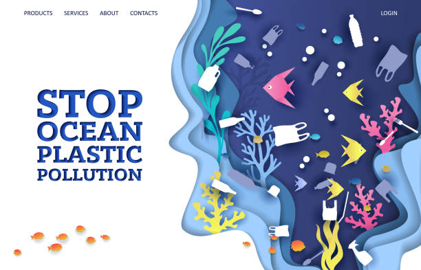 ilustrações de stock, clip art, desenhos animados e ícones de stop ocean plastic pollution vector website landing page design template - save oceans