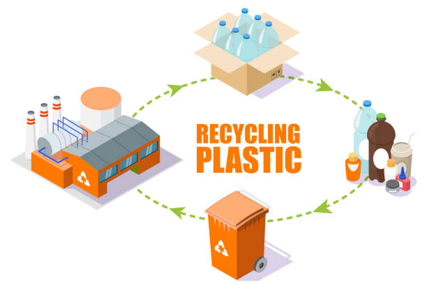 Plastic recycling process scheme, vector isometric illustration Plastic recycling process scheme, vector isometric illustration. Reducing pollution and waste, saving the Earth and environment with recycling technologies. industry and manufacturing infographics stock illustrations