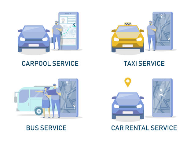 illustrations, cliparts, dessins animés et icônes de srvices de voiture et de véhicule public en ligne, illustration d'isolement plat de vecteur - car pooling