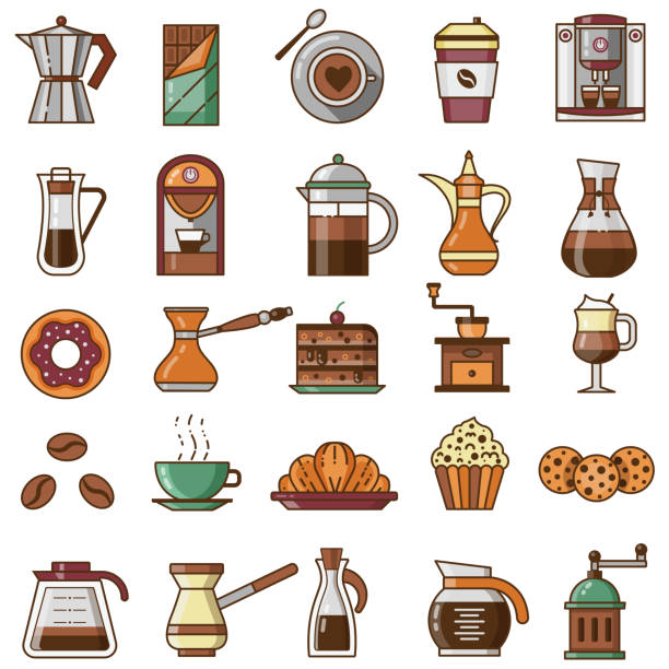 커피숍 또는 하우스 메뉴 아이콘 세트 - latté cookie cappuccino coffee crop stock illustrations