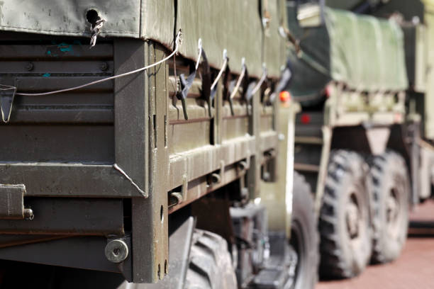 Military truck with a trailer stock photo
