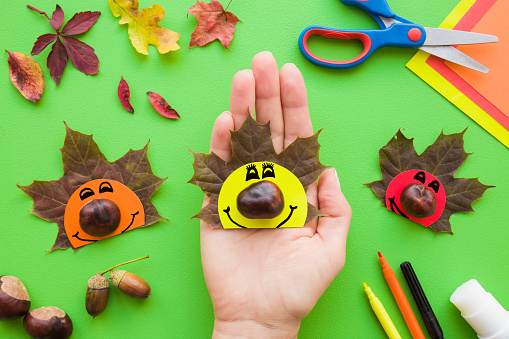 Girl hand holding cute hedgehog who created from brown maple leaf, chestnut and paper. Autumn decorations. Colorful application paper, scissors, glue stick and color pens on green desk. Top view.
