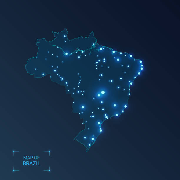 ilustrações, clipart, desenhos animados e ícones de mapa de brasil com cidades. pontos luminosos-luzes de néon no fundo escuro. ilustração do vetor. - brasil mapa