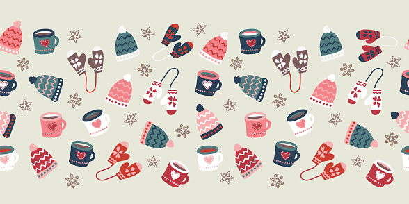 Winter season seamless vector border warm clothes cookies and mugs repeating pattern. Hand drawn doodle gloves, hats, mugs hot drink. Christmas Holiday illustration Scandinavian flat style.